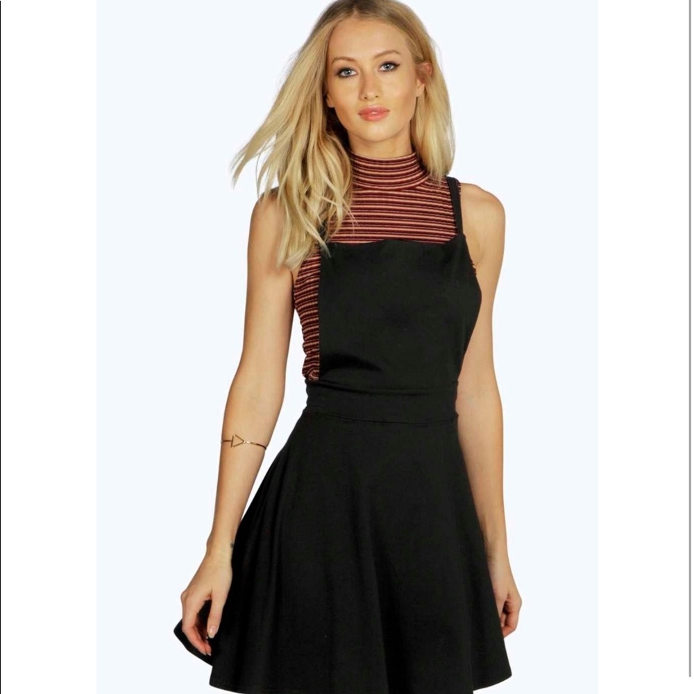 Black pinafore dress AND red ribbed turtle neck